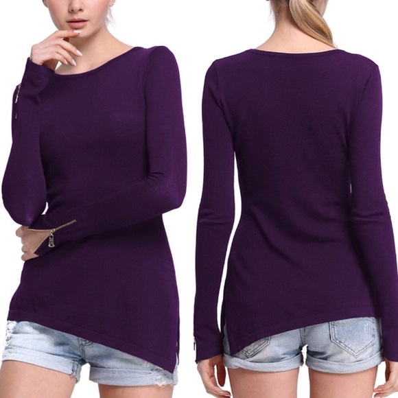Zippered Cuff Split Sides Long Sweater Top Plum - Picture 3 of 7